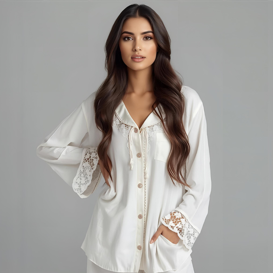 AURA | White Lace-Trimmed Pajama Set